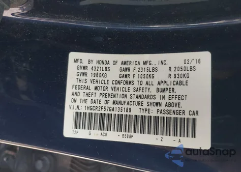 2016 Honda Accord Sport z USA, uszkodzony, nr VIN 1HGCR2F57GA135189